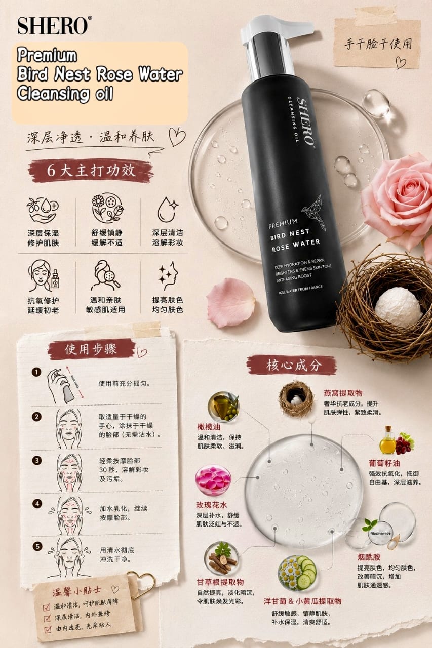 Shero Cosmetics 燕窩玫瑰水卸妝油150ML (Made in Malaysia)